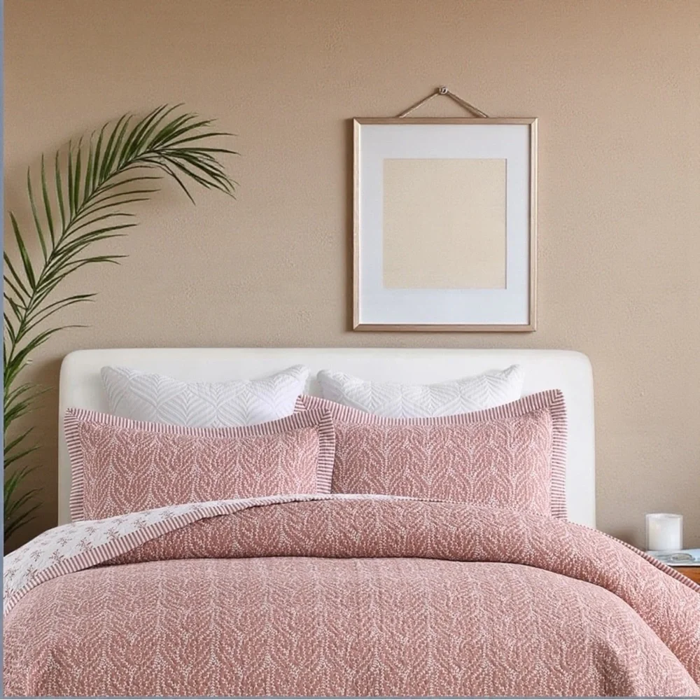 NEW West Elm Blush Botanical Pattern Cotton Queen King Bedding Quilt & Sham Set